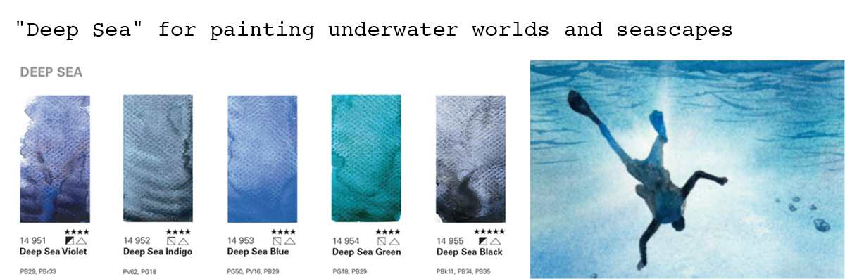 Deep Sea for painting underwater worlds and seascapes assortment of blue watercolour paints along with a painting of an underwater diver