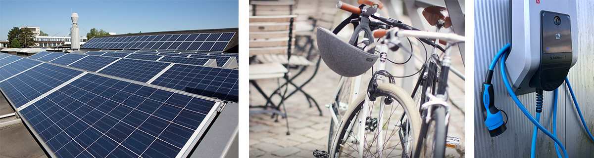 Photograph of solar panels, bike and electric charger