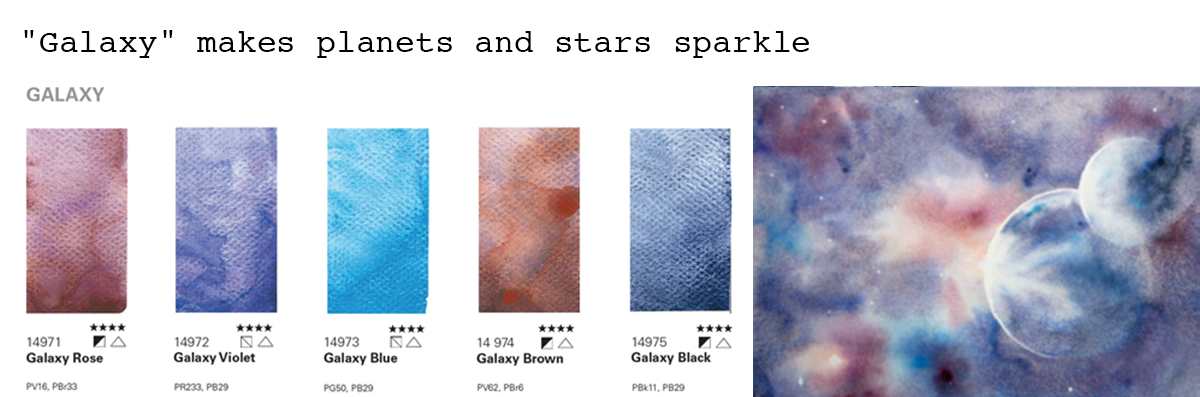 Galaxy makes planets and stars sparkle an assortment of watercolour paint swatches including reds blues and oranges along with a painting of some planets
