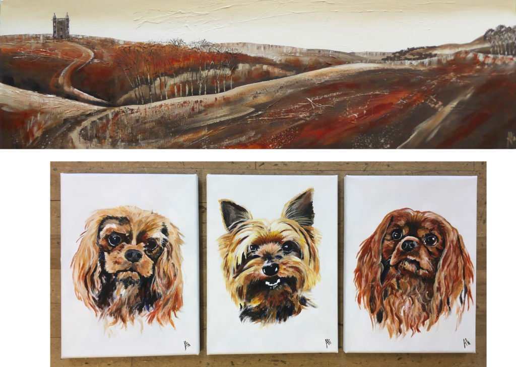 acrylic landscape brown painting three dogs