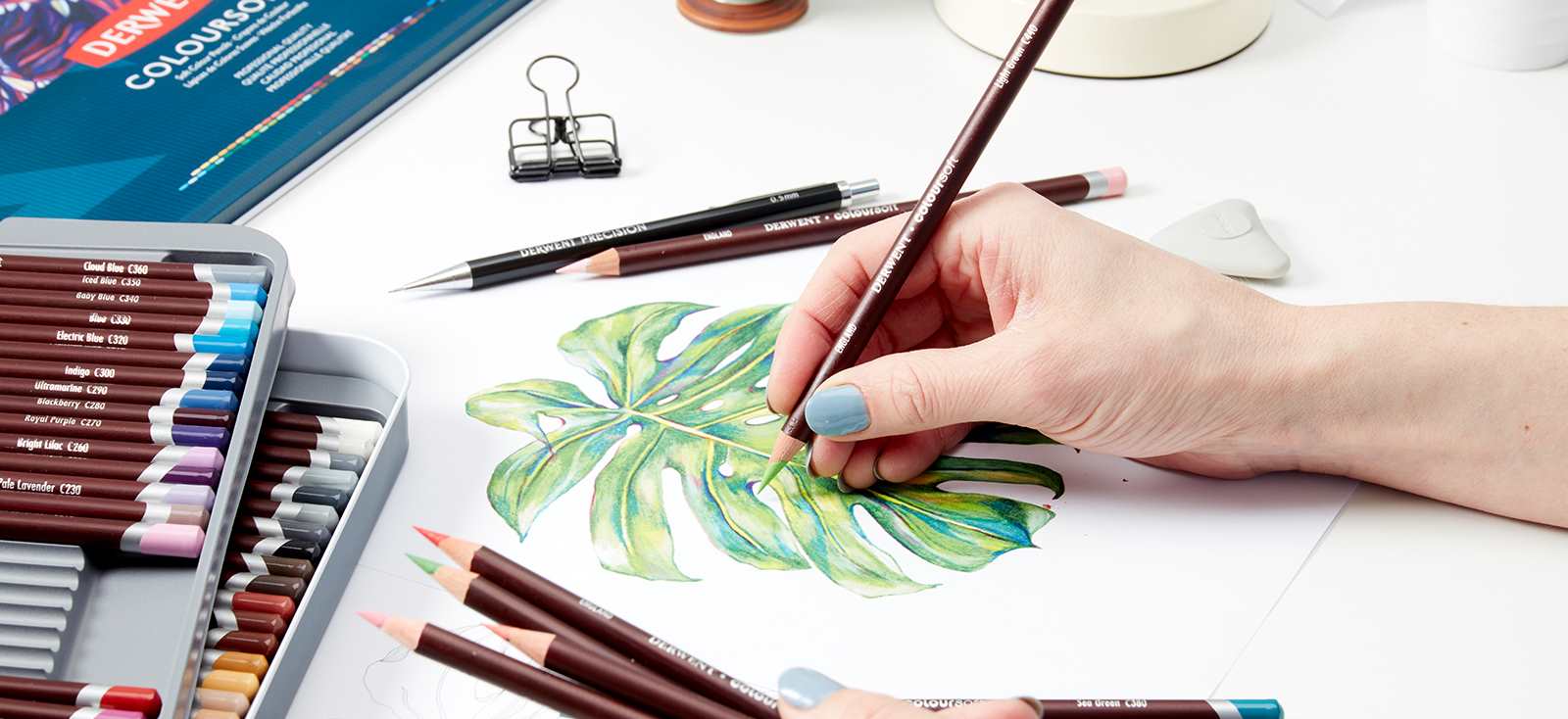Hand drawing a leaf with Derwent Coloursoft pencils