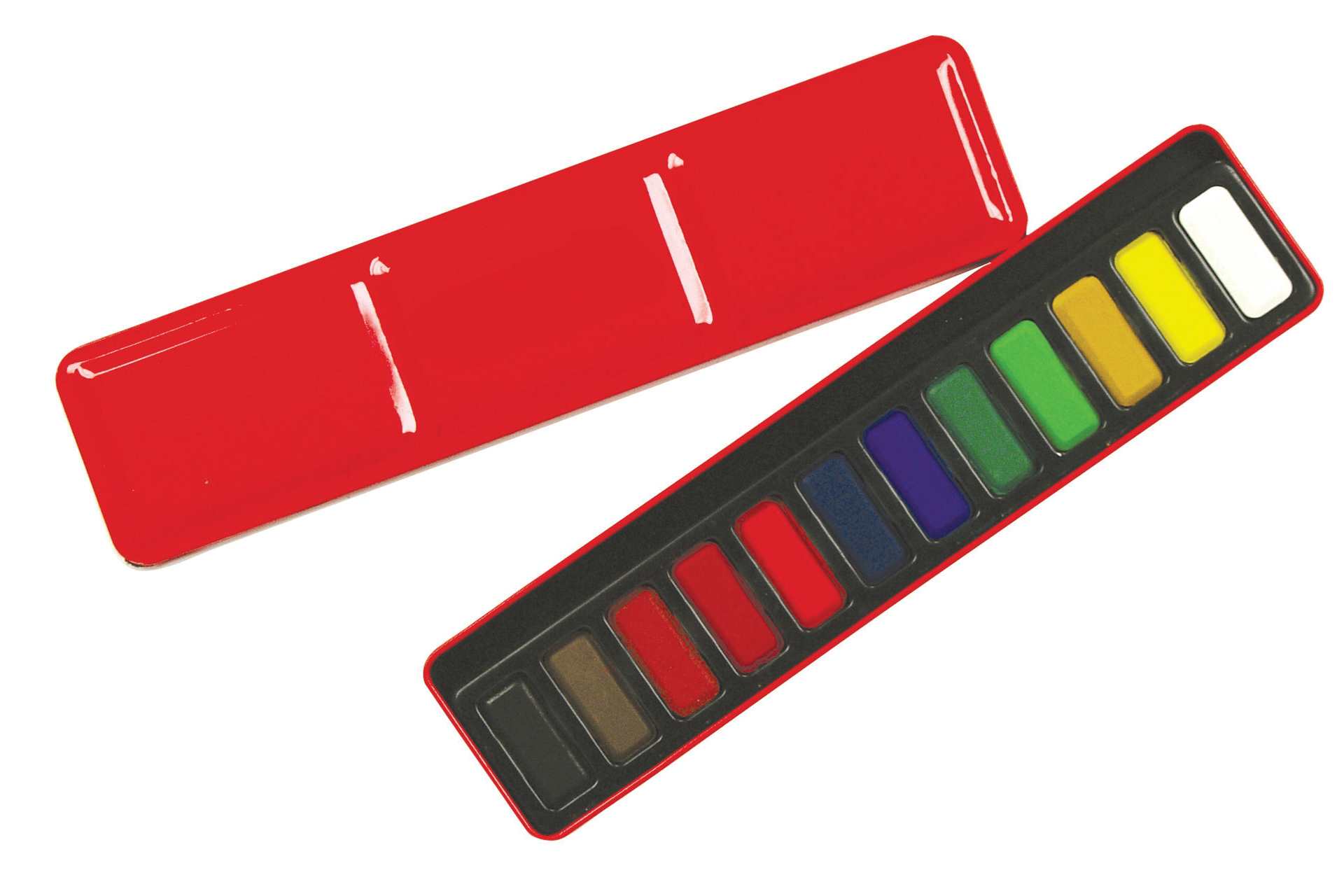 red rectangle paint tin with 12 multi coloured pans of paint